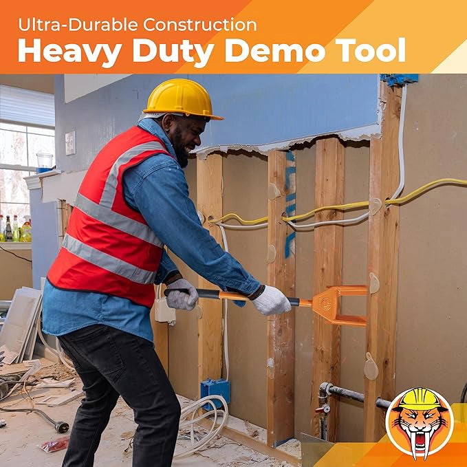 Demolition bar in use for tight-space prying inside small bathroom
