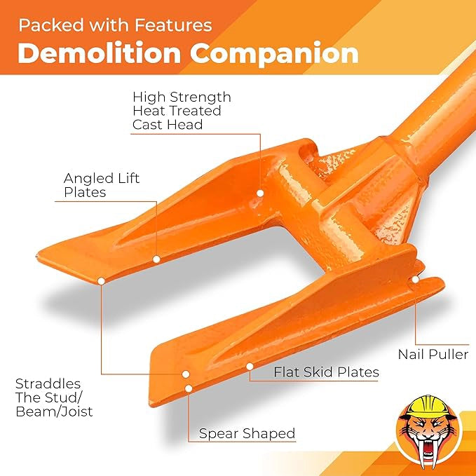 Close-up of prying head on Gutster demolition bar with built-in nail puller and forked tips
