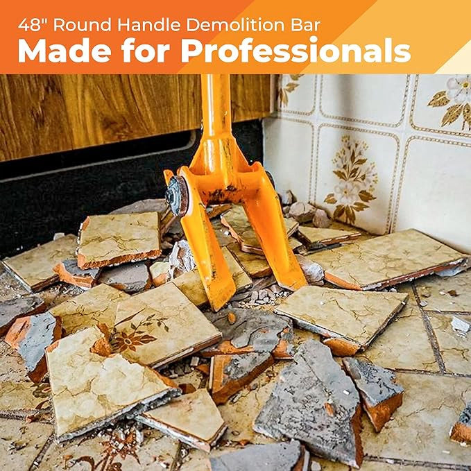 Worker using Gutster 48 inch demolition bar to remove subfloor during renovation
