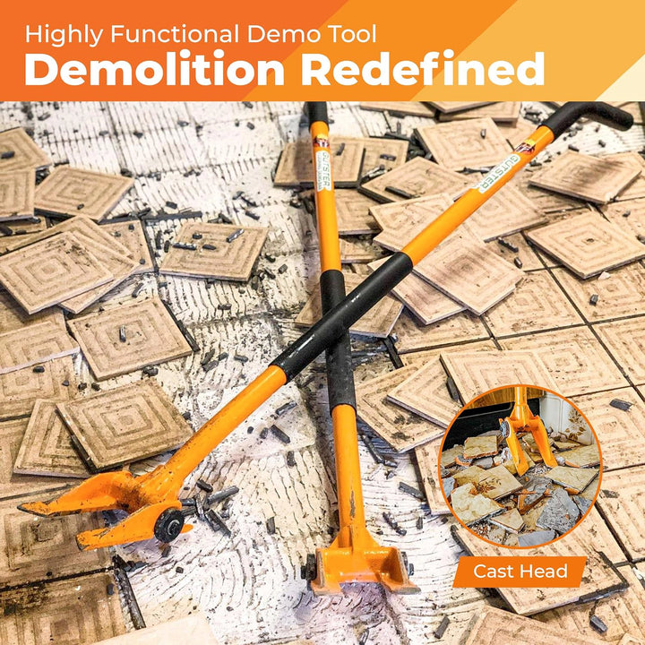 Gutster oval handle demolition bar being used to lift nailed-down wood planks on job site
