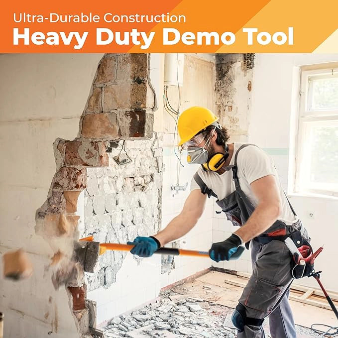 Worker using Gutster oval handle demo bar to remove subfloor during renovation
