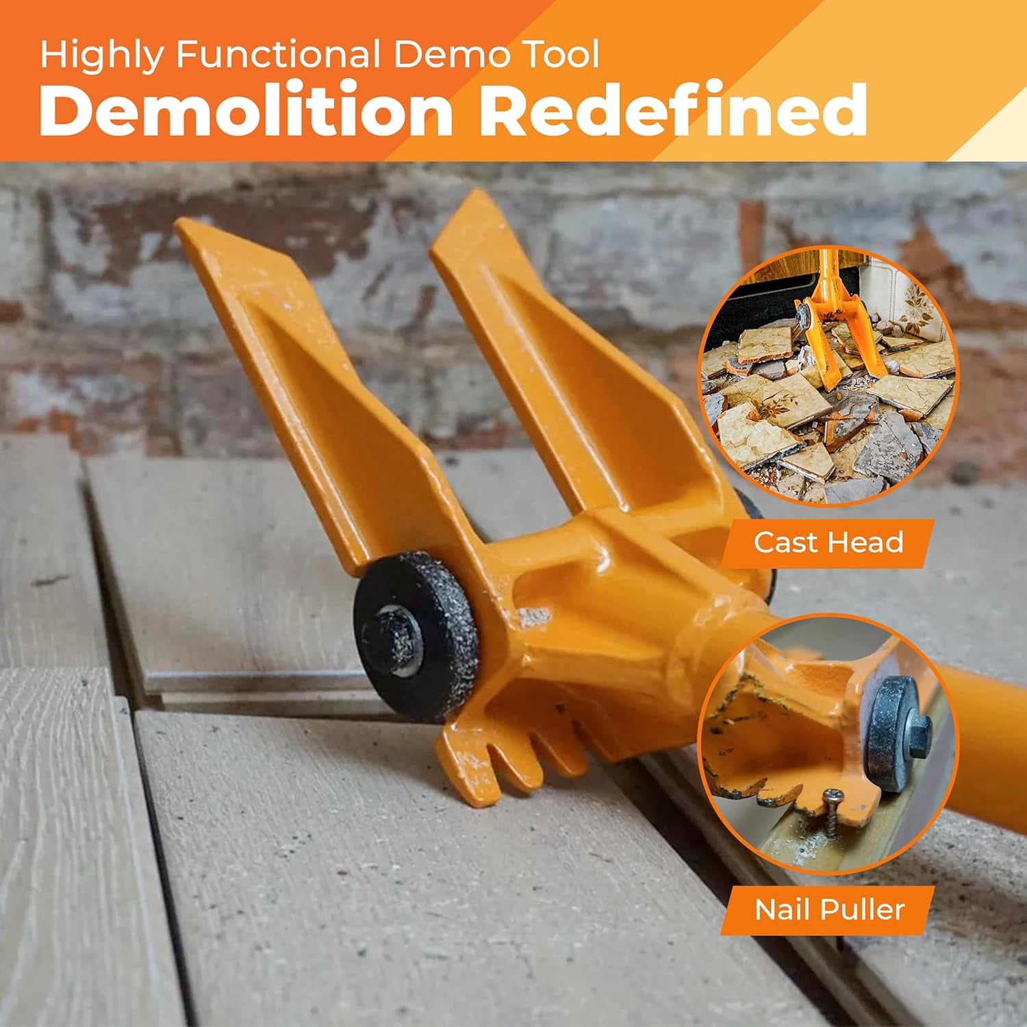 Close-up of demolition bar head showing prying teeth and steel frame

