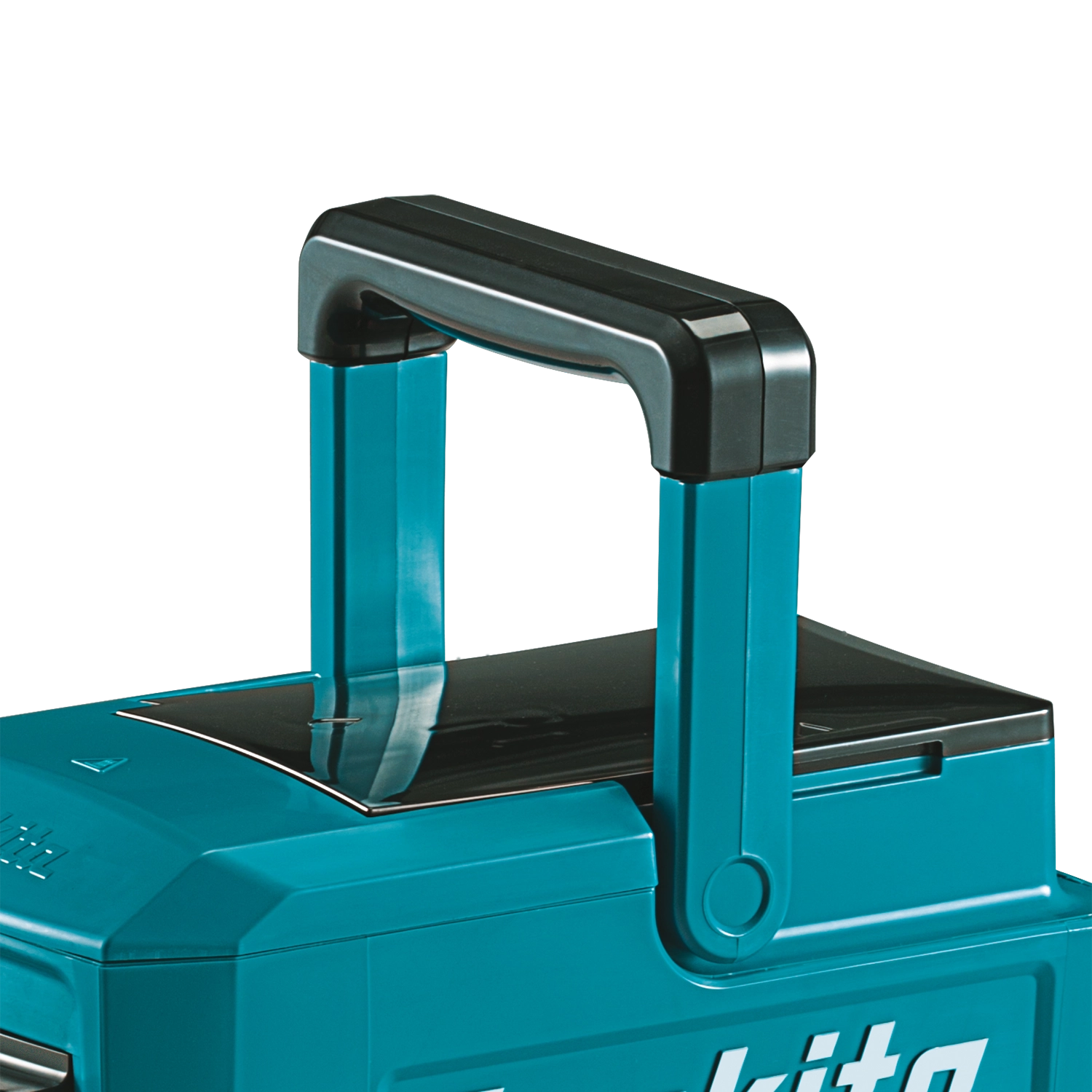 close up of handle on makita coffee maker in upright position for portability
