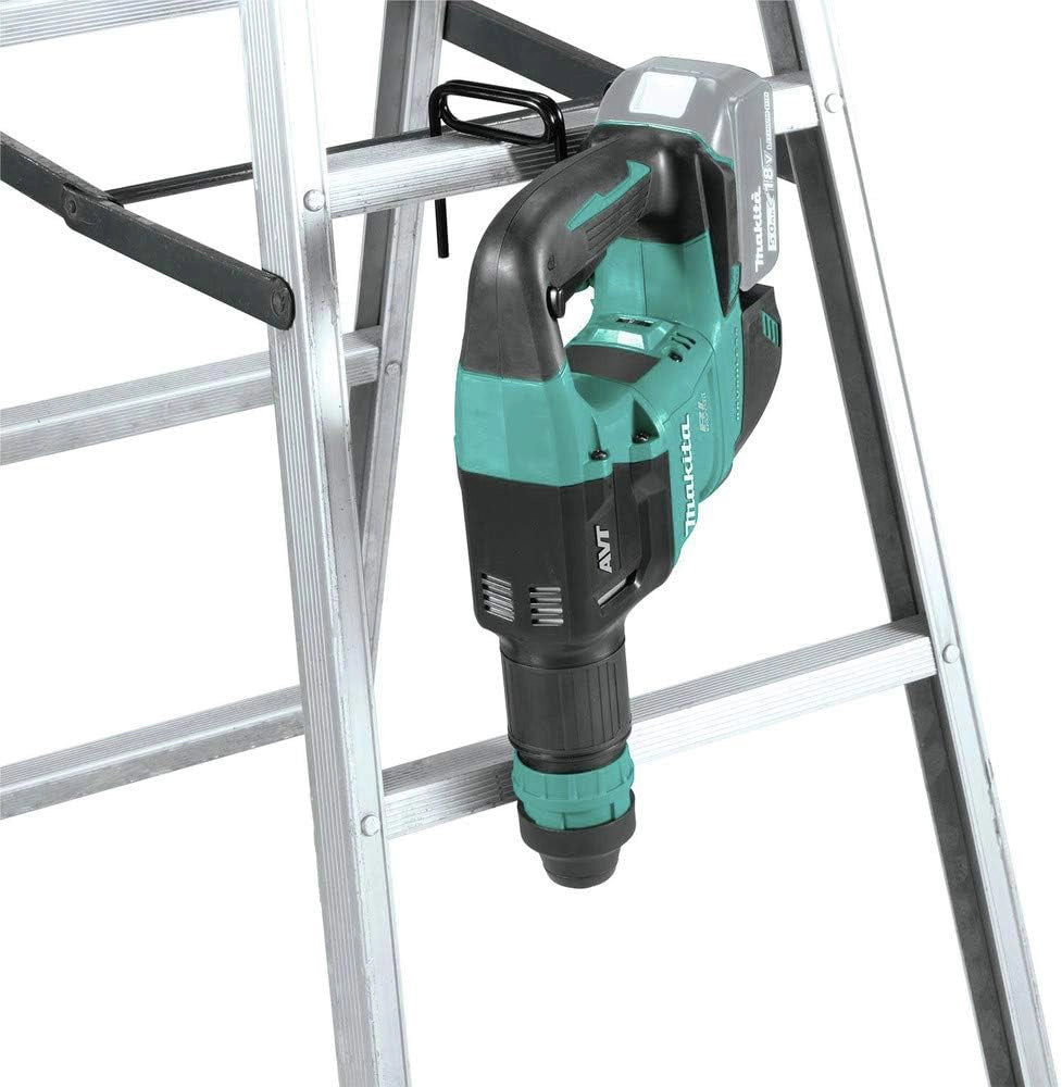 makita avt power scraper hanging from tool hook for easy storage on job site
