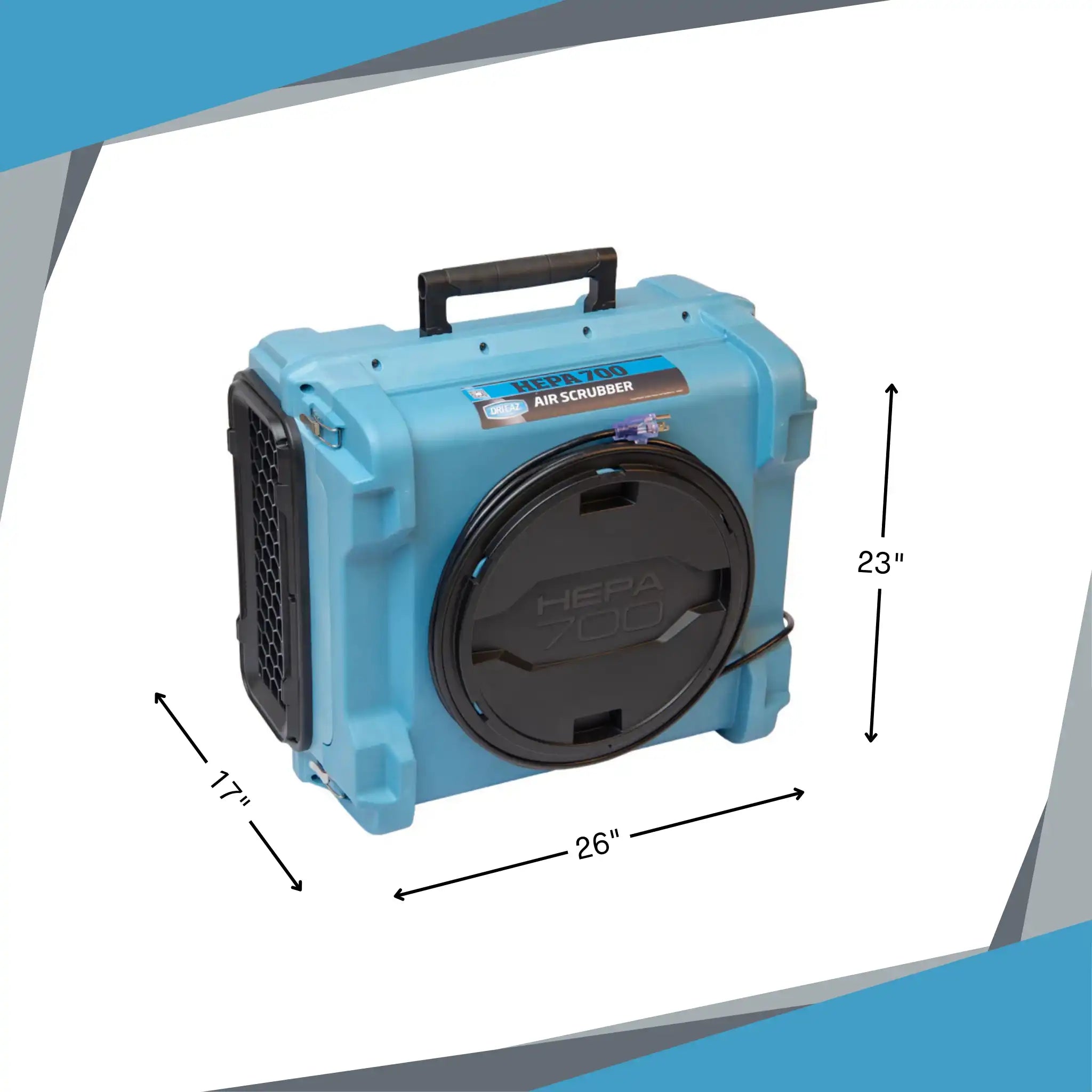 Dri-Eaz HEPA 700 air scrubber with dimensions labeled: 26" wide, 17" deep, and 23" tall

