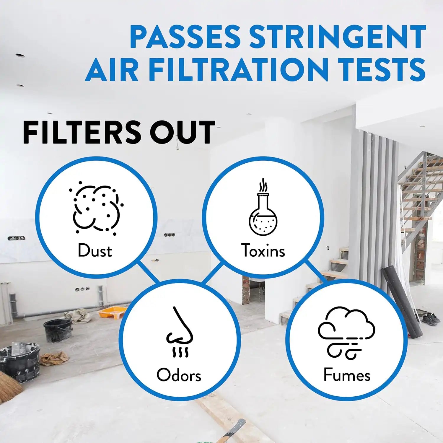 Infographic showing Dri-Eaz HEPA 700 air scrubber filtering out dust, toxins, odors, and fumes in a construction site environment

