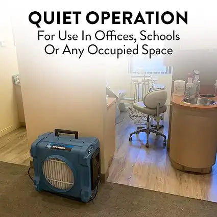 Dri-Eaz HEPA 700 air scrubber in use in a dental office, highlighting quiet operation for occupied spaces

