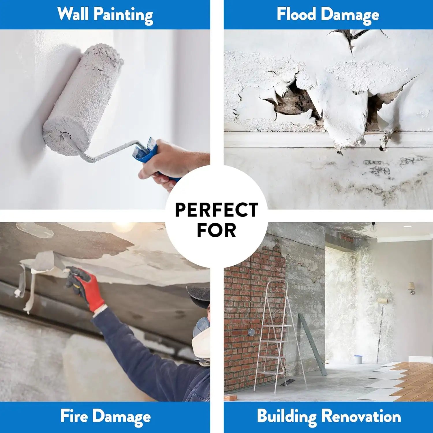 Visual showing Dri-Eaz HEPA 700 air scrubber use cases: wall painting, flood damage, fire damage, and building renovation

