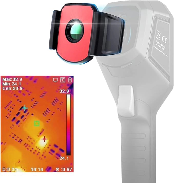 front view of b201 macro lens with thermal image overlay on camera screen
