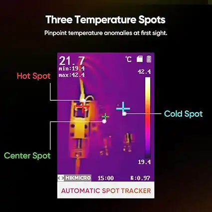 three thermal measurement points displayed on hikmicro e1l screen
