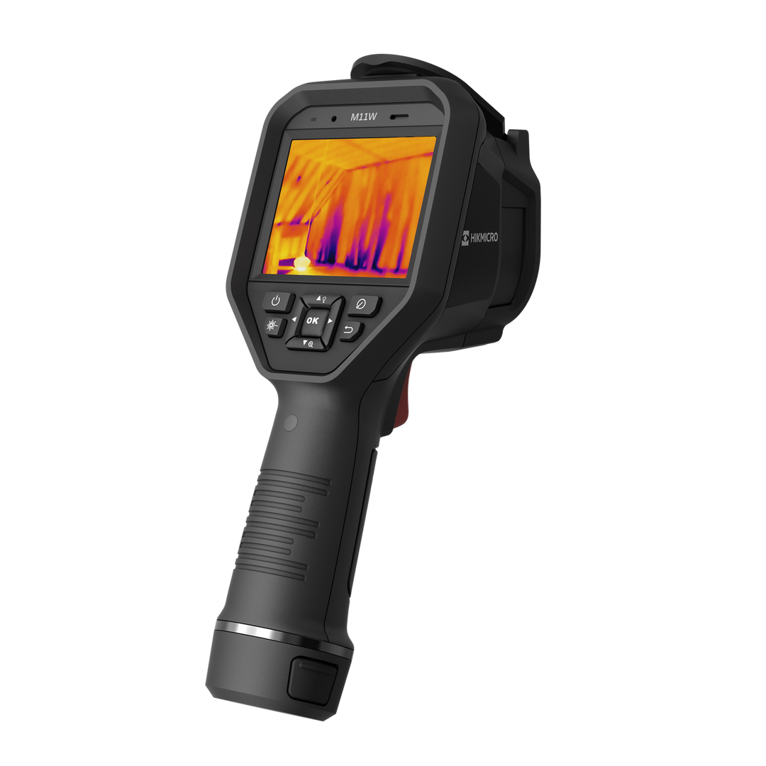 angled view of hikmicro m11w showcasing ergonomic grip and lens placement
