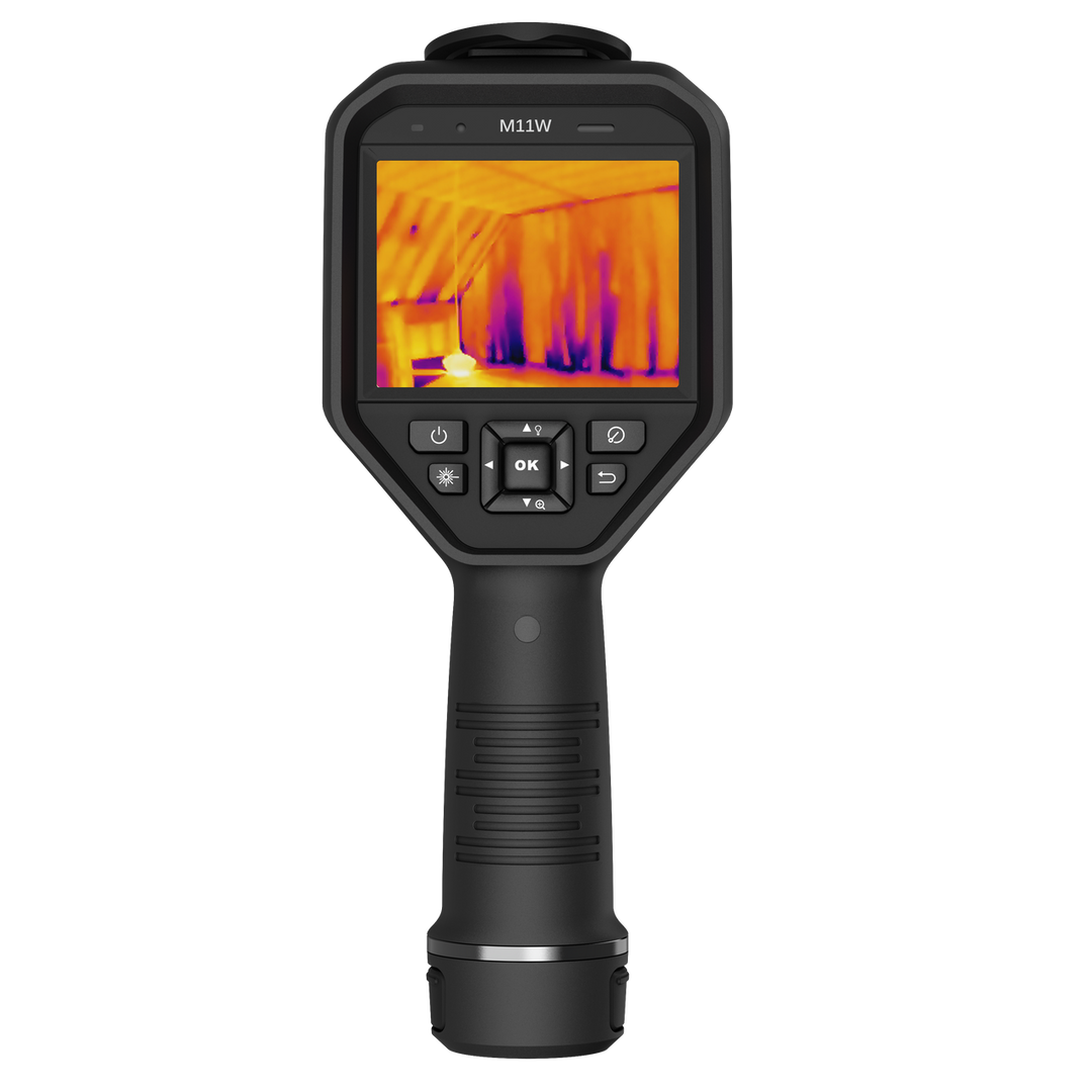 front view of hikmicro m11w thermal imaging camera with lcd display and control buttons
