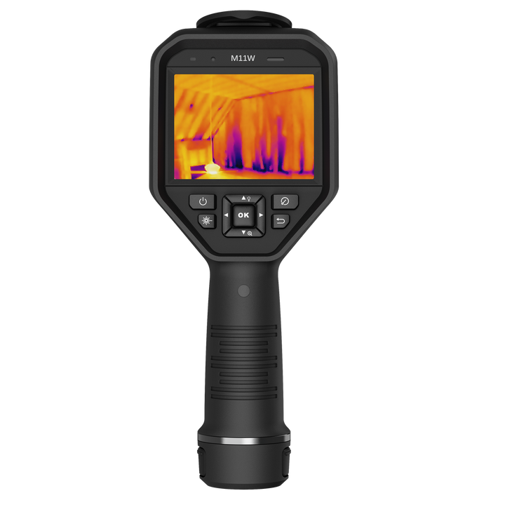 front view of hikmicro m11w thermal imaging camera with lcd display and control buttons
