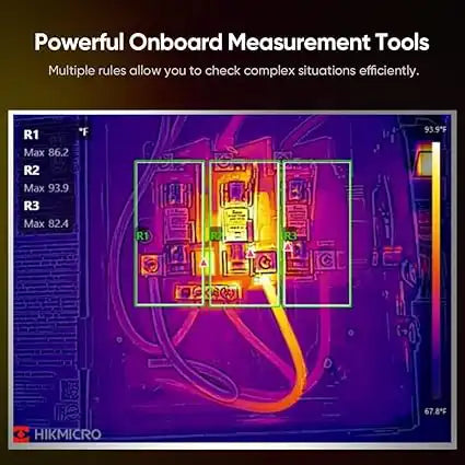 hikmicro m11w displaying advanced measurement tools on touchscreen during inspection
