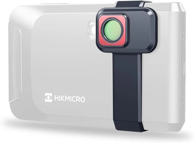 hikmicro pocket thermal camera with p201 macro lens showing device size and lens
