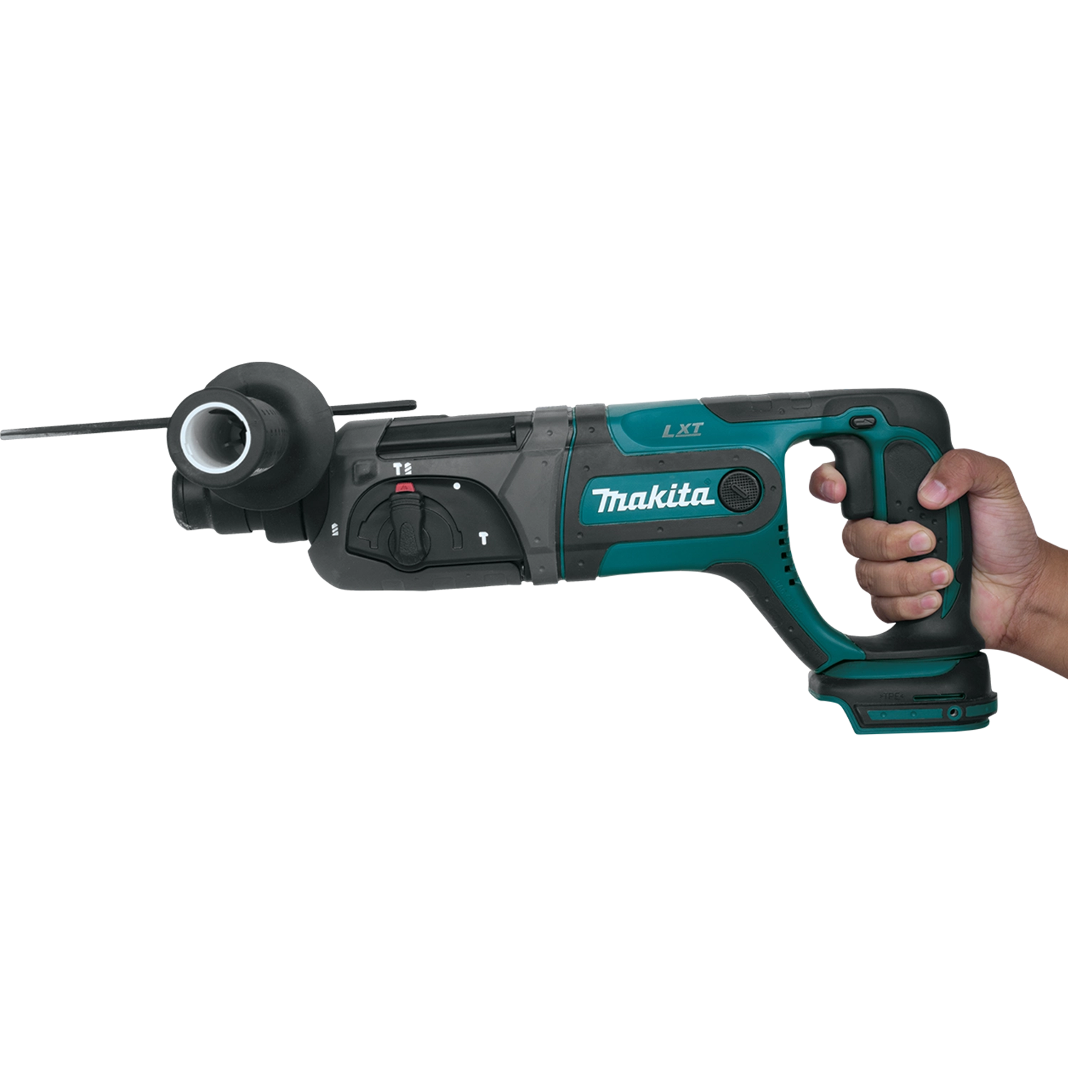 Worker holding Makita SDS-PLUS rotary hammer, ready for drilling task
