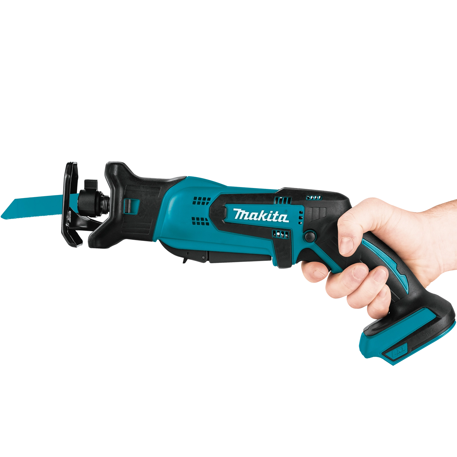user holding makita 18v lxt compact recipro saw in ready position for cutting
