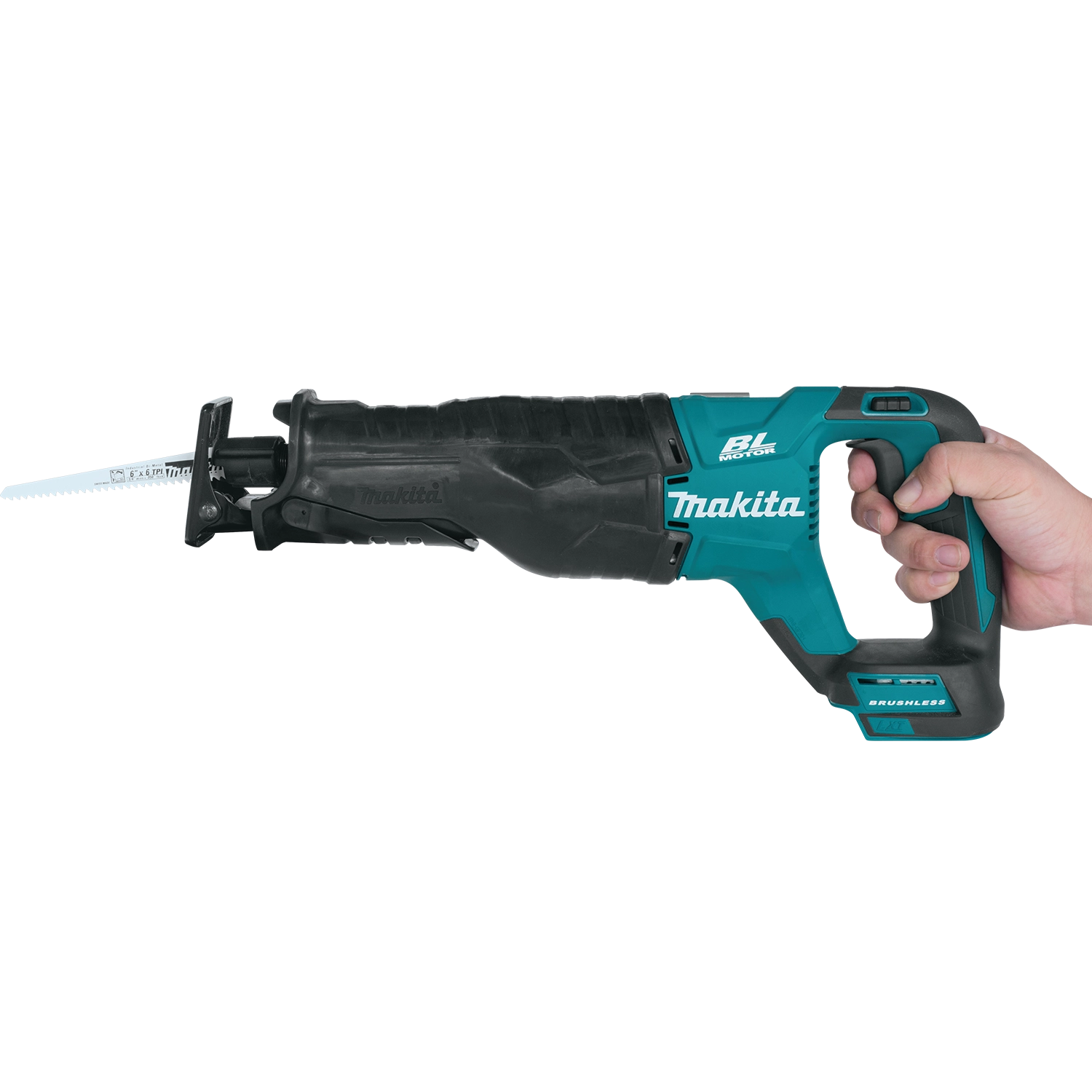 worker holding makita 18v lxt reciprocating saw sideways for overhead cut
