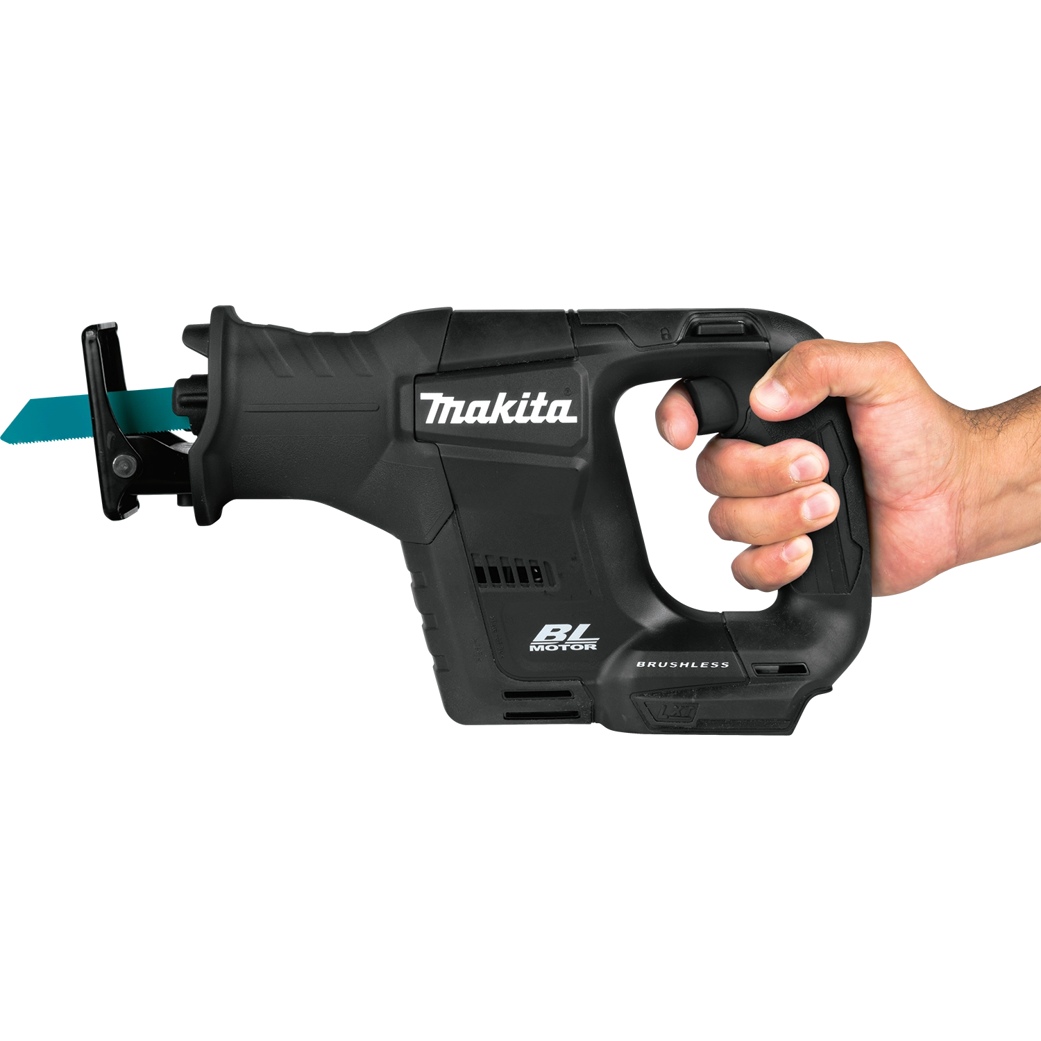 user holding makita xrj07zb compact recipro saw sideways for tight space cutting
