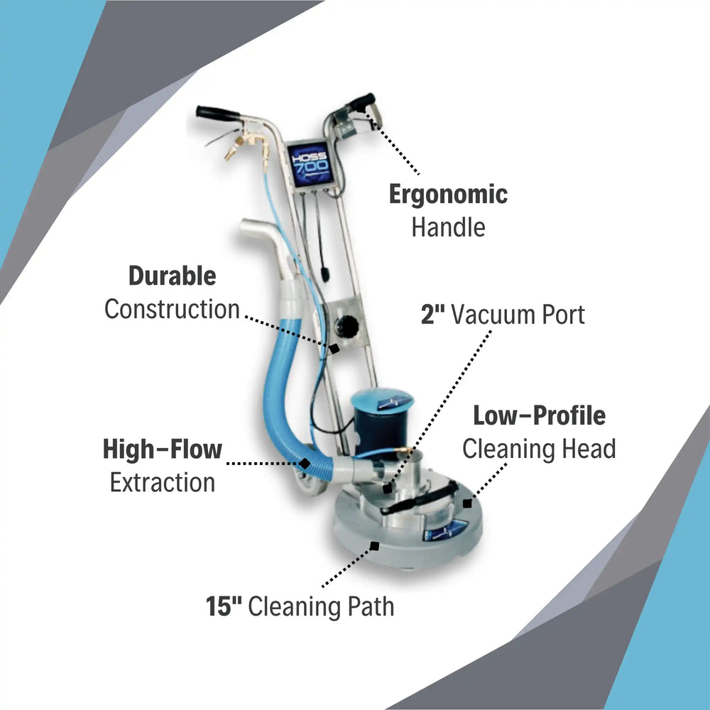HOSS 700 carpet extractor features breakdown with rotary head, vacuum port, and ergonomic handle
