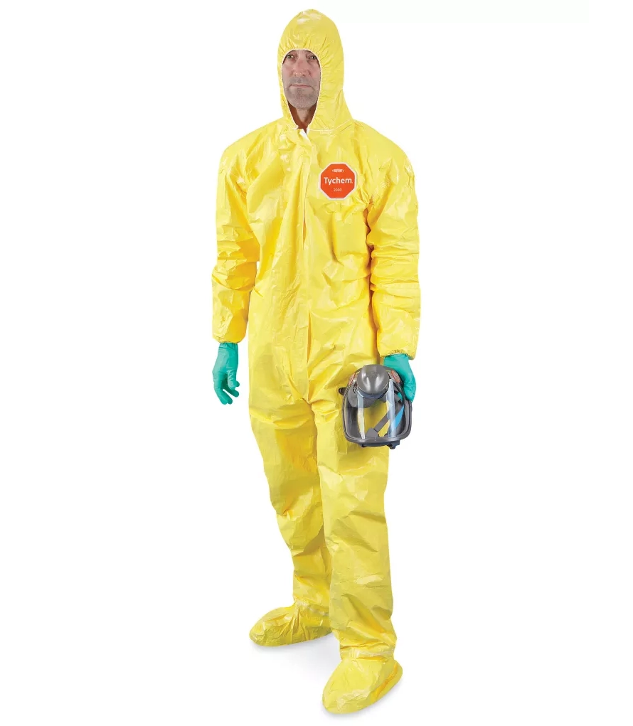 Protective suit being worn during containment setup at restoration job site
