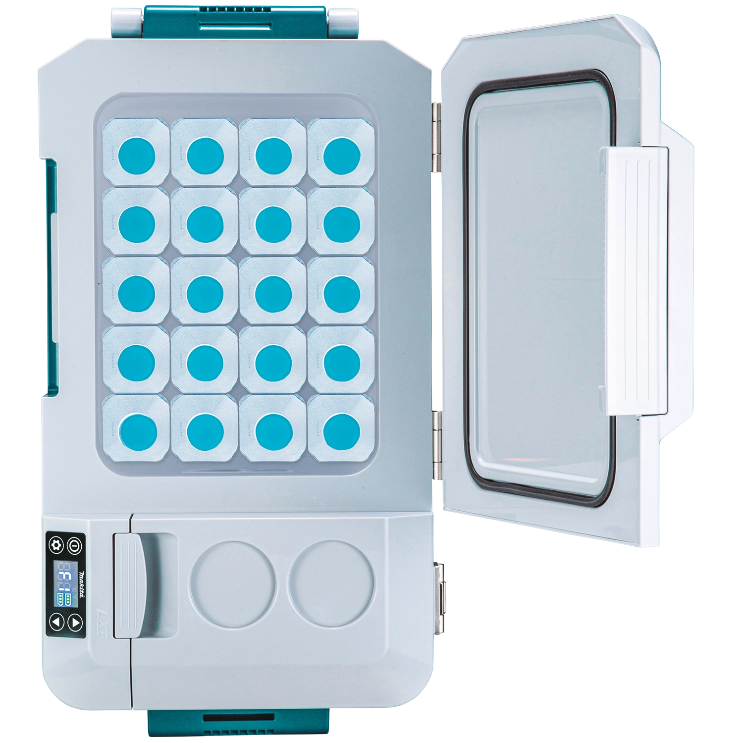open makita cooler warmer box showing empty interior and spacious storage
