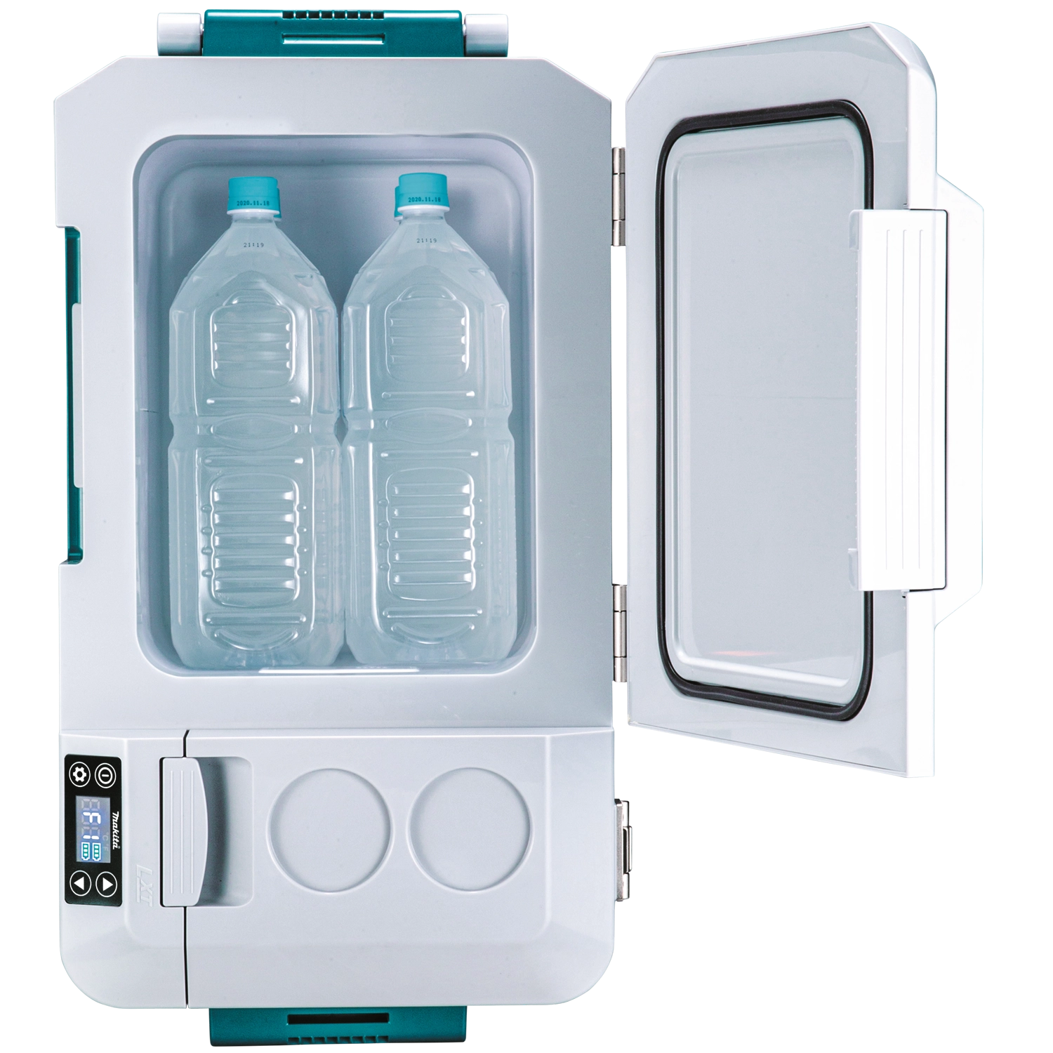 interior of makita cooler warmer box filled with water bottles for job site hydration
