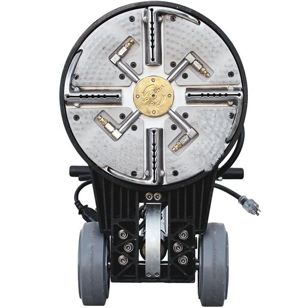Underside view of Mytee T-Rex Jr. rotary extractor head showing 6 high-flow jets and brush channels for deep carpet cleaning