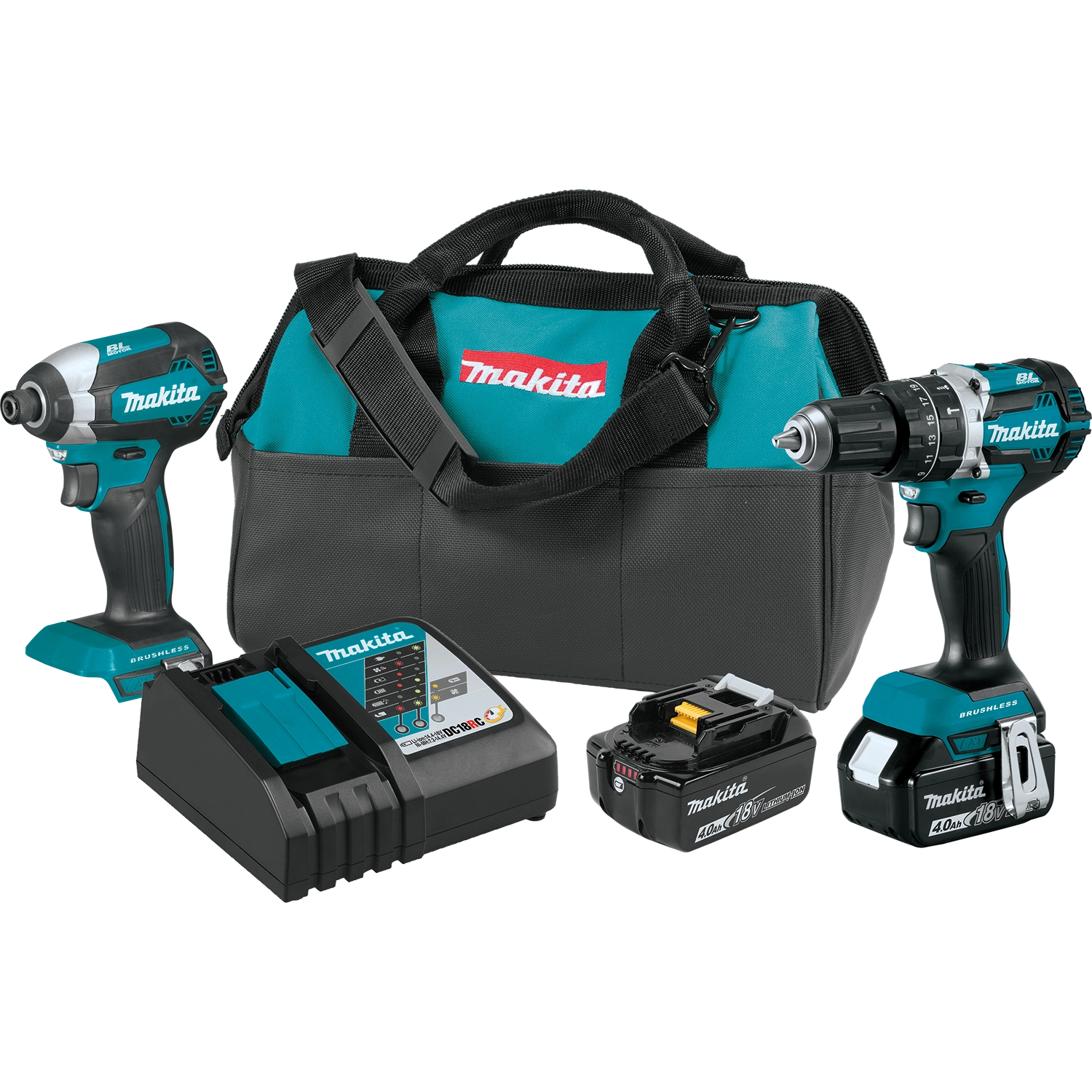 makita xt269m 18v lxt cordless combo kit with hammer driver-drill impact driver batteries and charger
