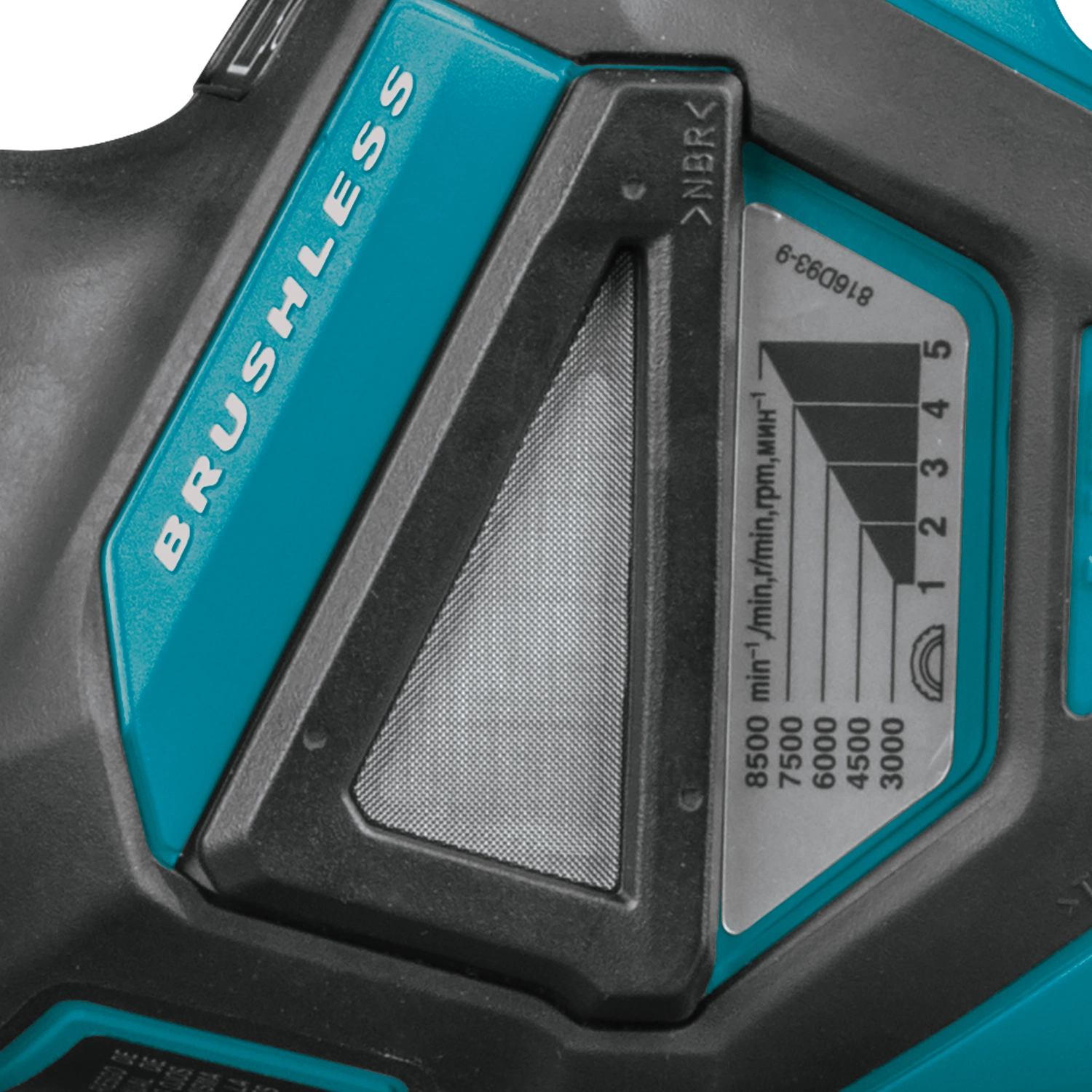 makita 5 inch grinder product label showing model and safety information
