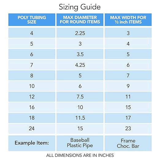 Product comparison chart of lay flat ducting sizes and specifications
