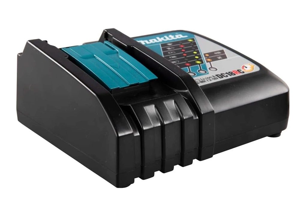 left angle view of makita automotive charger highlighting compact design
