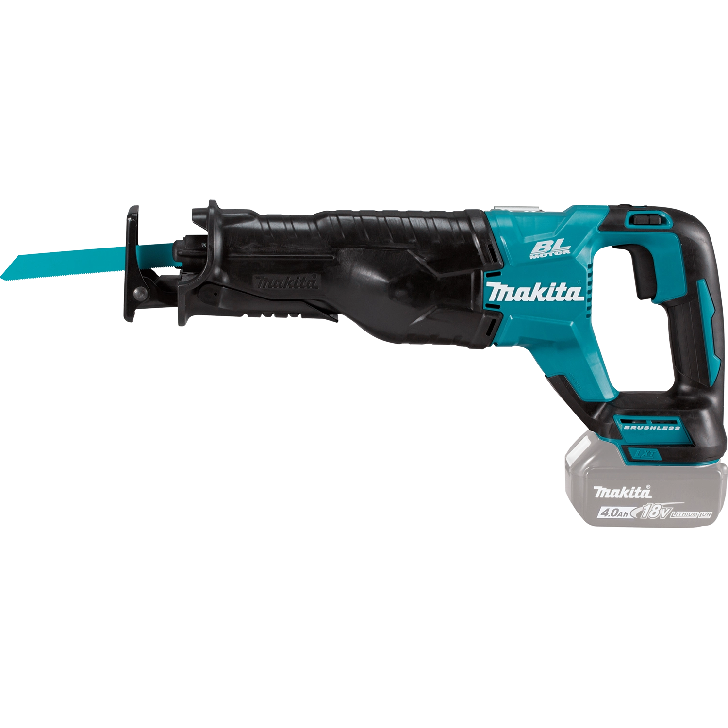 left side view of makita 18v lxt reciprocating saw with battery attached
