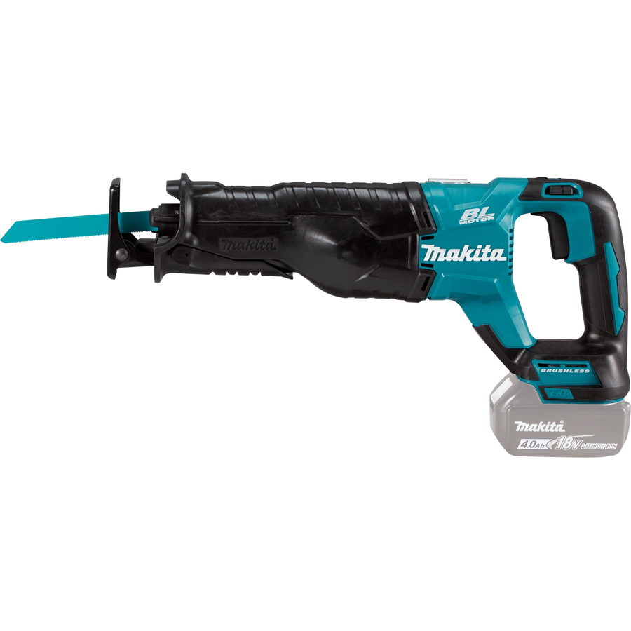 left side view of makita 18v lxt reciprocating saw with battery attached
