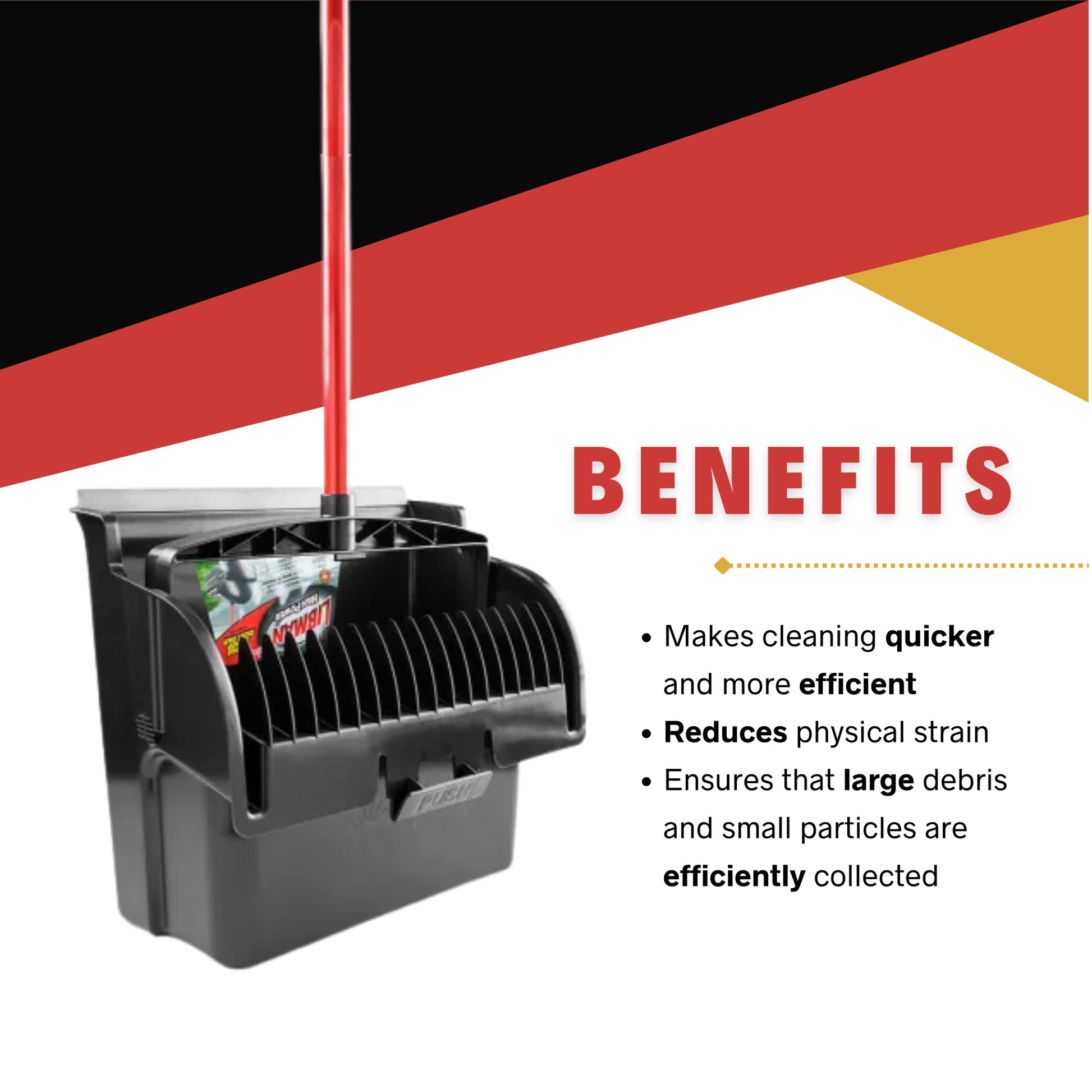 Libman dust pan benefits including large capacity and easy debris collection

