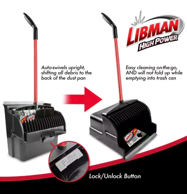 Libman dust pan in demonstration sweeping debris into wide scoop
