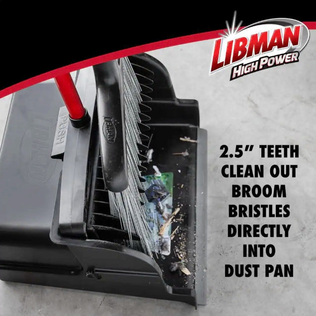 Built-in teeth on Libman dust pan for cleaning broom bristles
