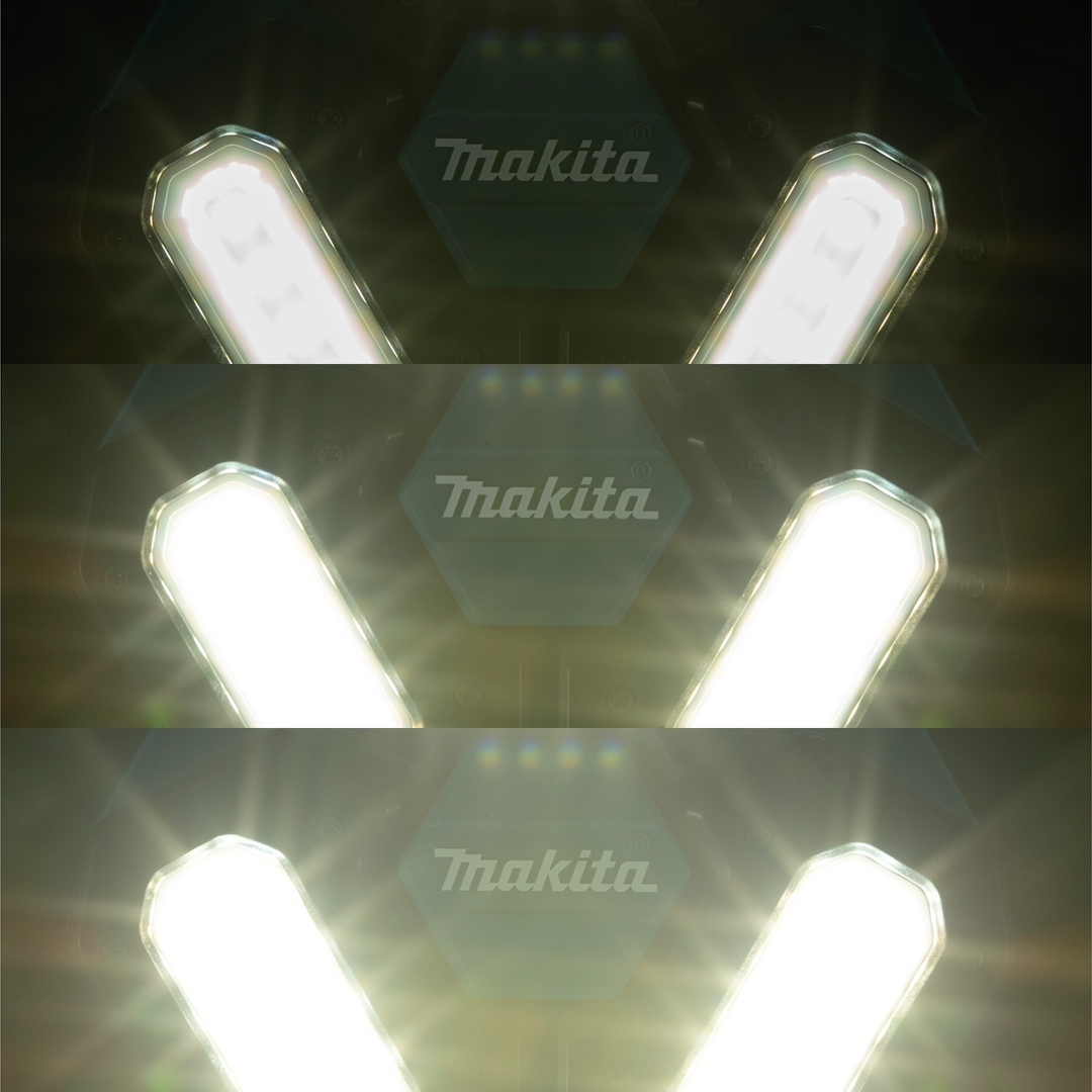 different light modes of makita tower work light showing high medium and low brightness settings
