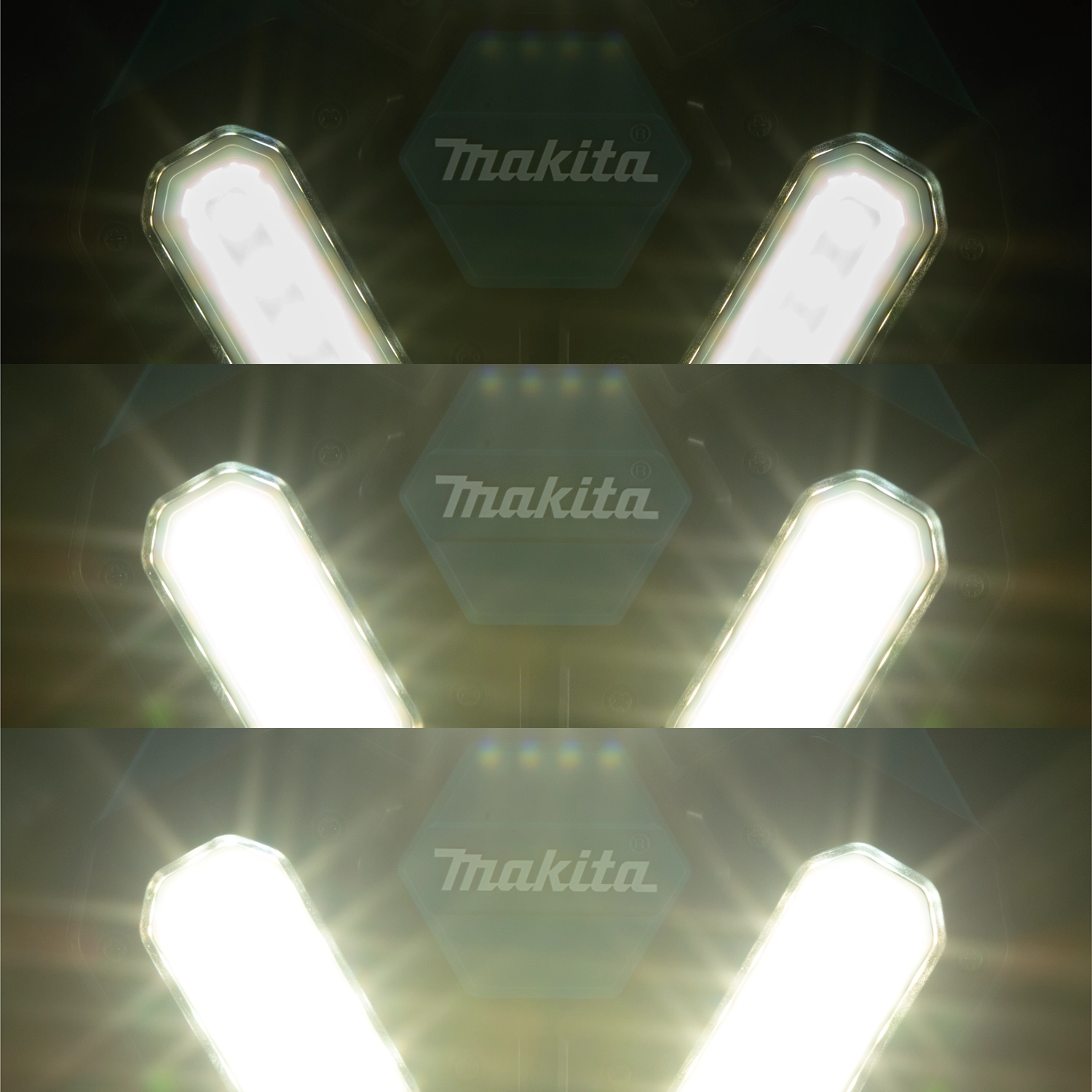 different light modes of makita tower work light showing high medium and low brightness settings
