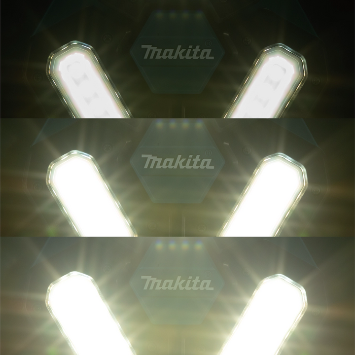 different light modes of makita tower work light showing high medium and low brightness settings

