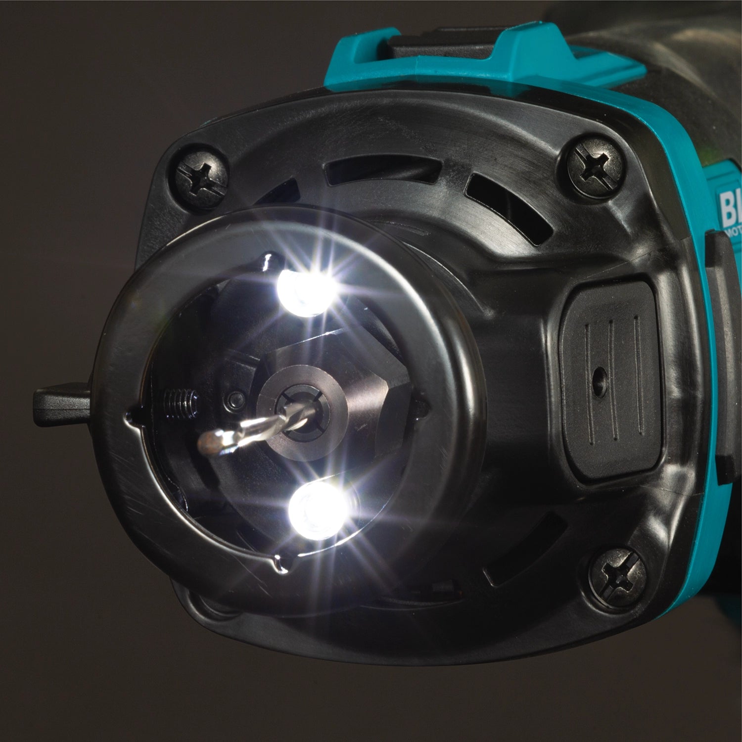 built-in led lights on makita xoc02z cut-out tool illuminating low-light work area

