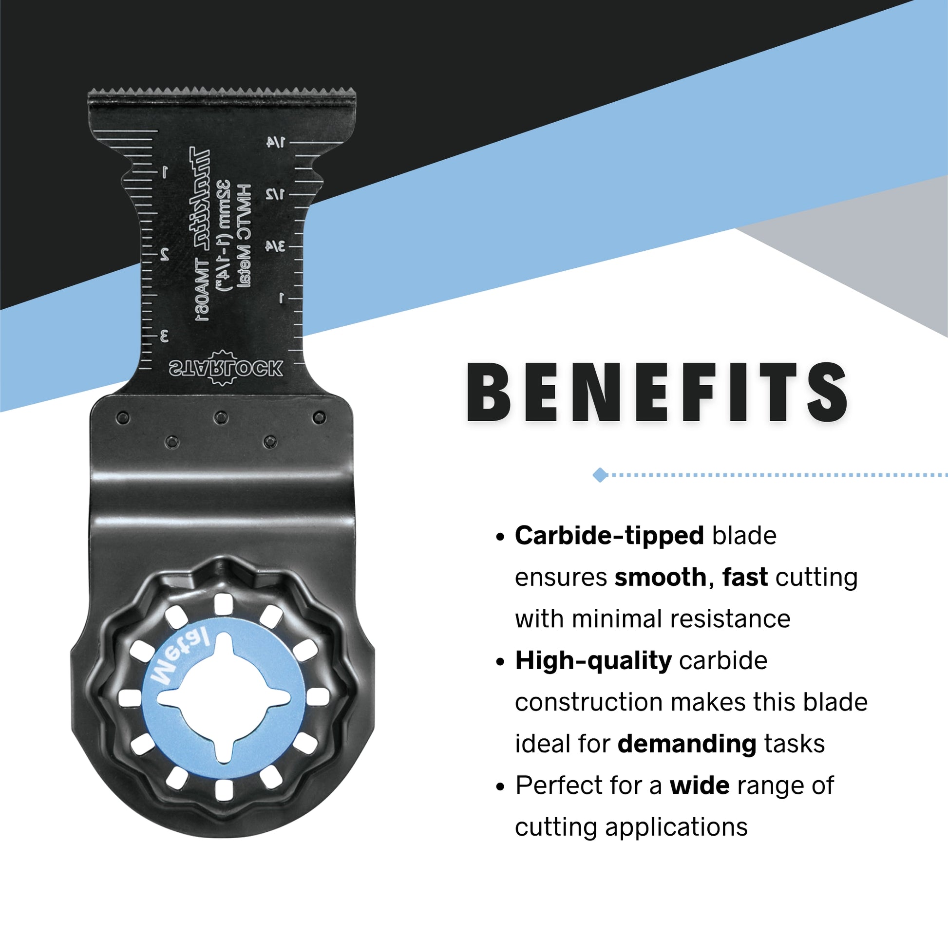 Benefits of Makita Starlock Carbide Metal Blade including extended life and multi-material cutting
