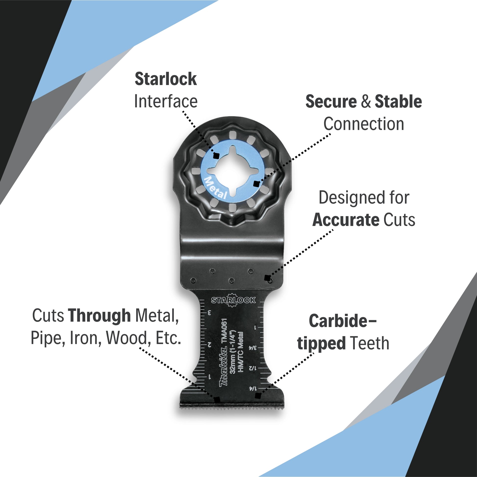 Makita 1.25" Starlock Carbide Tipped Metal Blade showcasing design and carbide teeth features
