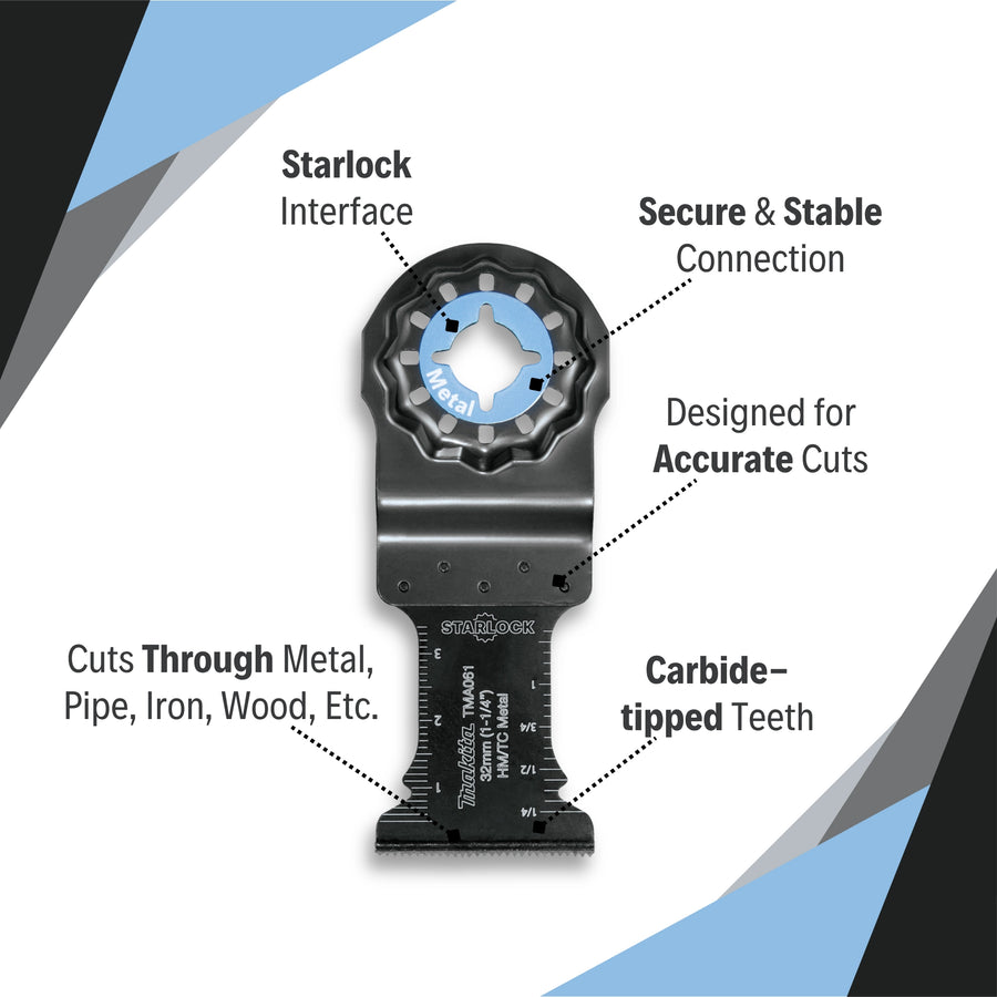 Makita 1.25" Starlock Carbide Tipped Metal Blade showcasing design and carbide teeth features
