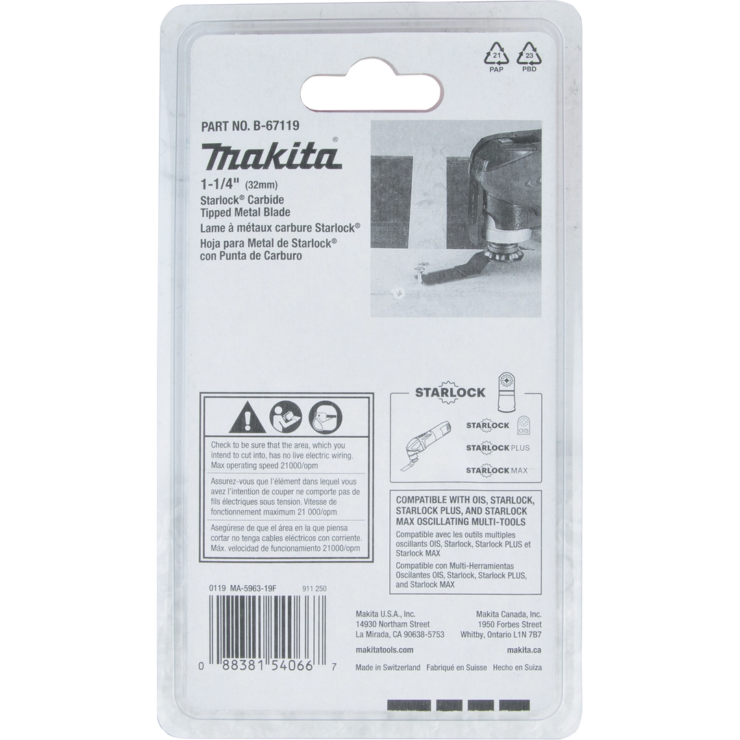 Back of Makita 1.25" Starlock Carbide Blade packaging with specs and usage information
