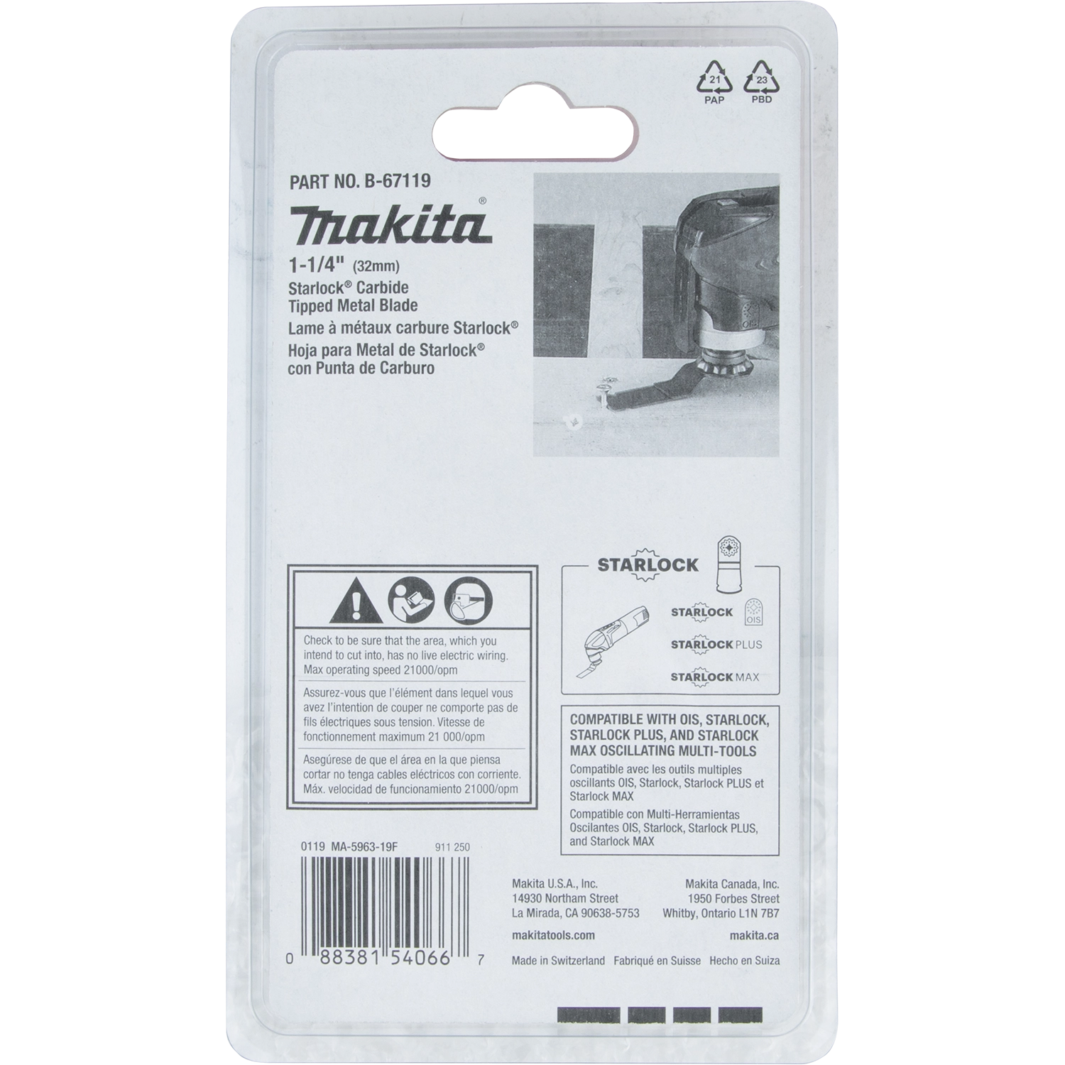 Back of Makita 1.25" Starlock Carbide Blade packaging with specs and usage information
