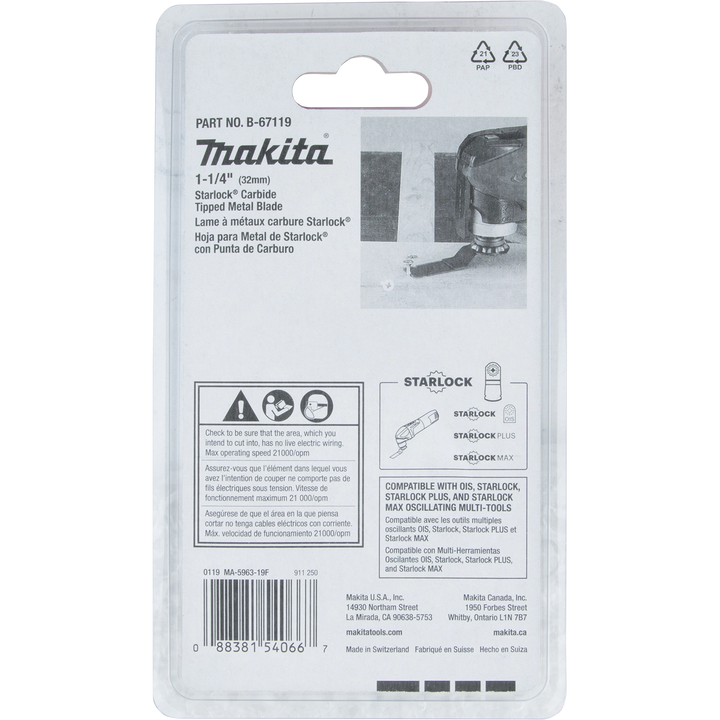 Back of Makita 1.25" Starlock Carbide Blade packaging with specs and usage information
