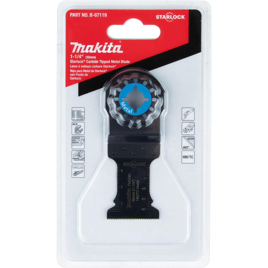 Makita 1.25" Starlock Carbide Blade in retail packaging – front view with branding and features
