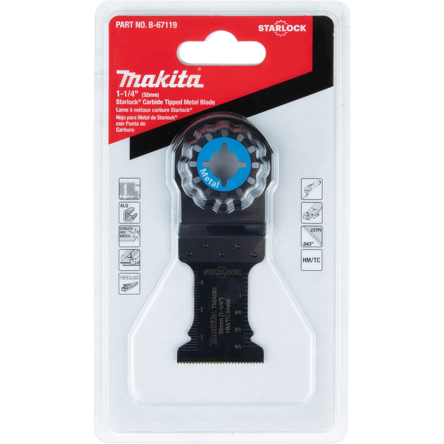 Makita 1.25" Starlock Carbide Blade in retail packaging – front view with branding and features
