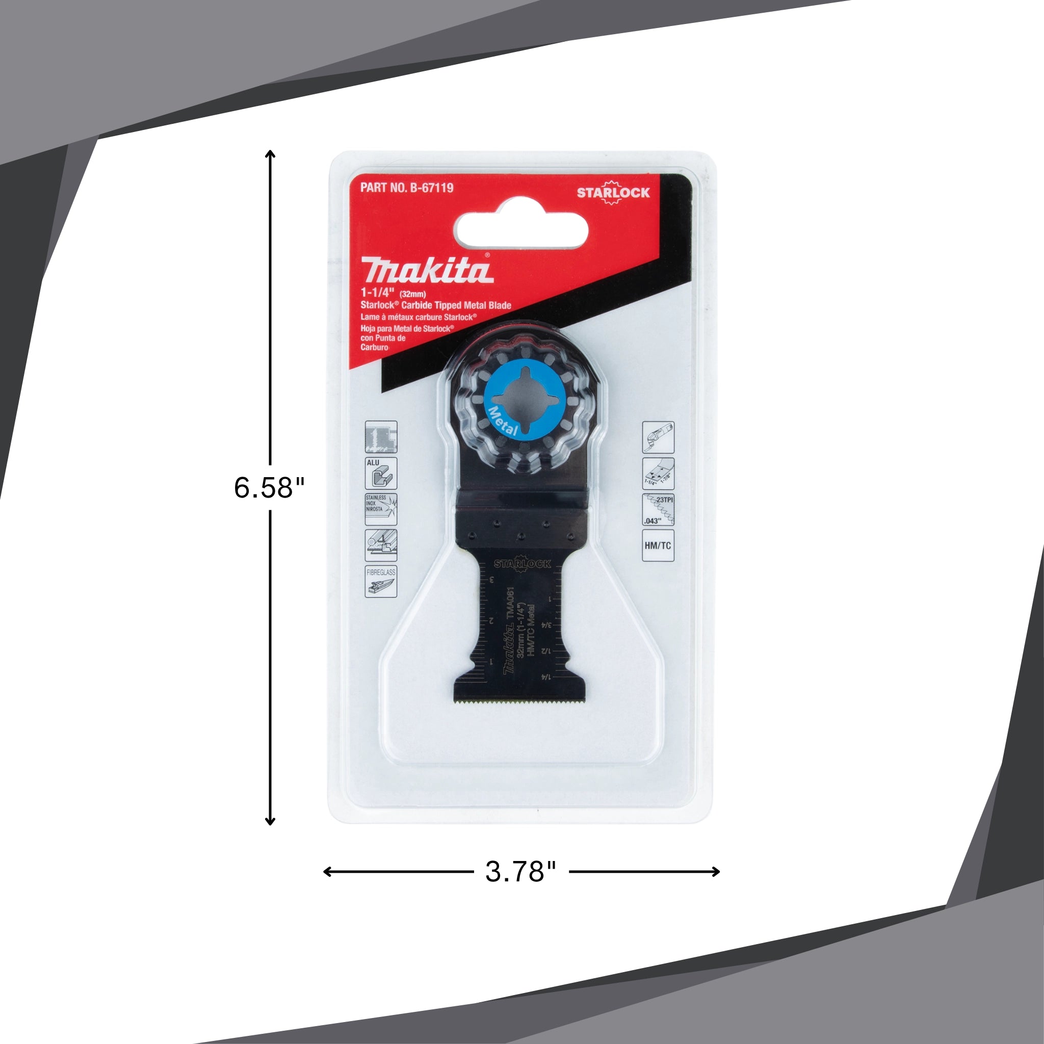 Makita 1.25" Starlock Blade next to measuring tape to show scale and compact size
